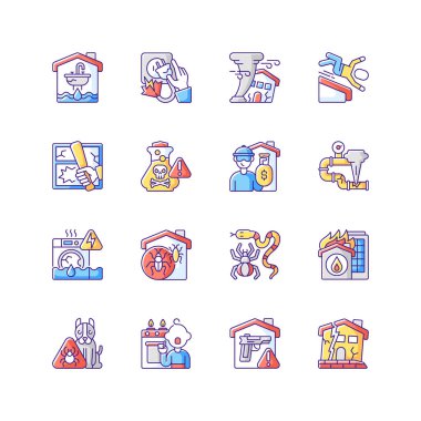 Ev hasarı RGB renk simgeleri ayarlandı. Ev tehlikelerini önlüyor. Sel ve su sızıntısı. Elektrik şoku. Düşme riskleri. Mülkiyet suçu. Ev soygunu ve soygun. İzole vektör çizimleri