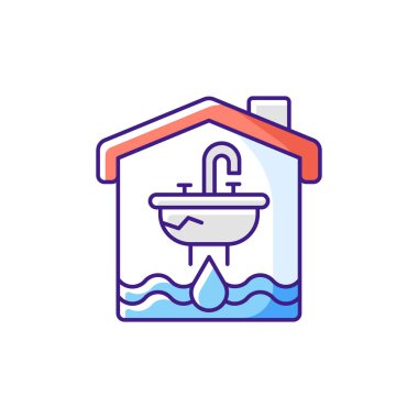 Su hasarlı RGB renk simgesi. Sel ve su sızıntısı. Yapısal ve temel hasarlar. Duvarlarda ve halıda onarılamaz yıkım var. Kişisel eşya kaybı. İzole vektör illüstrasyonu