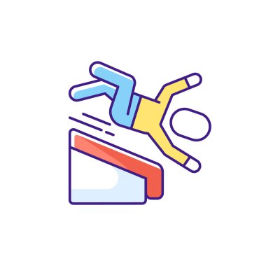 Yükseklikten düşüyor RGB renk simgesi. Düşme riskleri. Ev kazaları. Kaygan ıslak yüzeyler. Bodrum merdiveni. Düşme kaynaklı yaralar. Sallanan merdivenler. Dışarıdaki merdivenler. İzole vektör illüstrasyonu