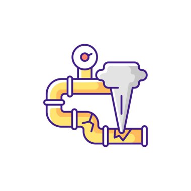 Gaz sızıntısı RGB renk simgesi. Gaz borusu hasar görmüş. Karbon monoksit zehirlenmesi. Zehirli gazlar ve hava kalitesi sorunları. Gaz yakma aleti. Merkezi ısıtma sistemi. İzole vektör illüstrasyonu