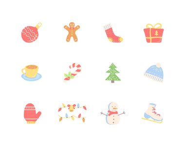 Kış mevsimi düz vektör soyut element seti. Stipe lolipop, ökseotu. Noel süslemesi RGB renk klipsi. Yeni yıl süsü beyaz arkaplan koleksiyonunda izole edilmiş geometrik ve organik şekiller