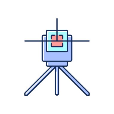 Lazer hattı seviye RGB renk simgesi. Lazer ölçüm aleti. Daha uzun mesafeleri ölçüyorum. Doğrudan yatay, dikey aydınlatılmış çizgi gösteriliyor. İnşaat endüstrisi. İzole vektör illüstrasyonu