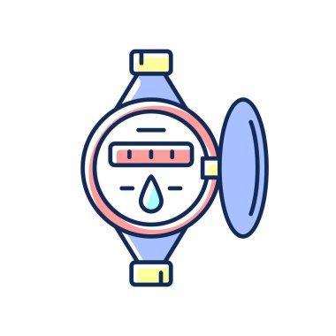 Su göstergesi RGB renk simgesi. Sıvı hacmini ölçüyorum. Yerleşim ve ticari yapı birimleri. Akış ölçüsü. Kamu su tedarik sistemi. Ölçme aleti. İzole vektör illüstrasyonu