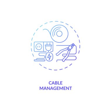 Kablo yönetim konsepti simgesi. Kontrol odası ergonomisi ince çizgi çizimi fikri. Kazaları azaltmak, hasarı önlemek. İş istasyonu optimizasyonu. Vektör izole edilmiş RGB renk çizimi