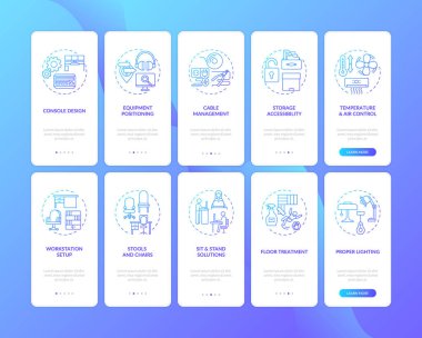 İş yeri güvenliği mobil uygulama sayfası ekranında konseptler ayarlandı. Sağlıklı çalışma alanı tasarımı 5 aşamalı grafik talimatlar içeriyor. RGB renk resimleriyle UI vektör şablonu