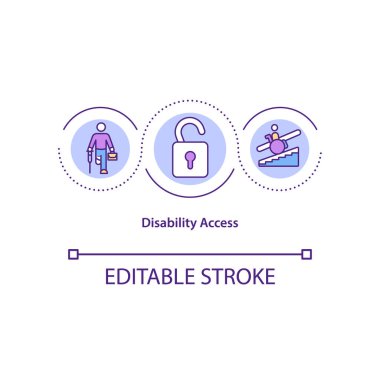 Engelli erişim konsepti simgesi. Vücut kısıtlamaları olan insanlar için uygun bir yer. Güvenlik fikriyle ilgili ince çizgiler çizdim. Vektör izole edilmiş RGB renk çizimi. Düzenlenebilir vuruş