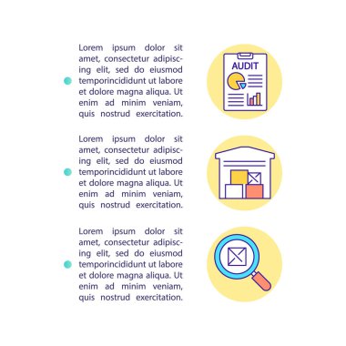 Metinli depo envanter konsepti ikonu. Depo denetimi. Perakende işi. Envanter organizasyonu. PPT sayfa vektör şablonu. Broşür, dergi, kitapçık tasarım ögesi doğrusal çizimler