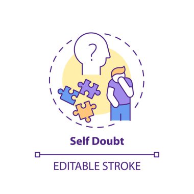 Kendinden şüphe konsepti ikonu. Erteleme etkisi fikri ince çizgi çizimi. Duygusal ızdırap. Güvenceye sürekli ihtiyaç var. Vektör izole edilmiş RGB renk çizimi. Düzenlenebilir vuruş