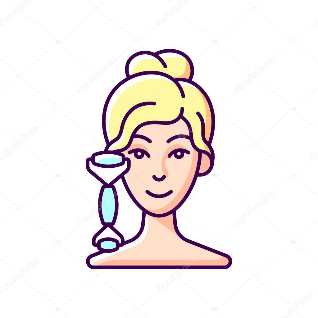 Quartz facial roller RGB color icon. Reducing inflammation. Promoting wound healing. Blood circulation improvement. Preventing puffiness and dark under eye circles. Isolated vector illustration