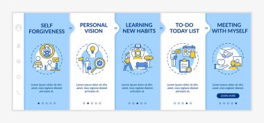 Görev geciktirme alışkanlığı yöntemleri vektör şablonunda. Kişisel vizyon. Yeni alışkanlıklar öğreniyorum. Simgeli ilgili mobil web sitesi. Web sayfası basamak ekranları. RGB renk kavramı