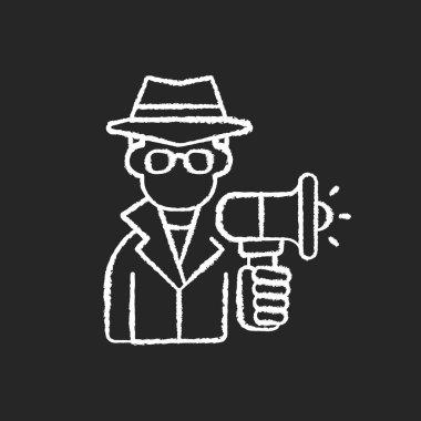 Gizli pazarlama simgesi siyah arka planda beyaz tebeşir. Şirket ürünlerini tüketicilere tanıtmak reklam gibi gözükmüyor. İzole edilmiş vektör karatahta çizimi