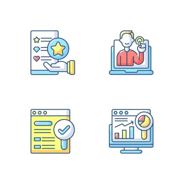 Web analizi ve yönetim RGB renk simgeleri ayarlandı. Kullanılabilir değerlendirme. Etkileşimli ve ilgili bir web sitesi. Bulunabilir site. Seo optimizasyonu. Web analizleri. İzole vektör çizimleri