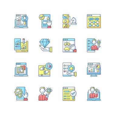 Kullanıcı deneyimi RGB renk simgeleri ayarlandı. İçerik stratejisi. Hedef araştırması. Bilgi mimarisi. Prototip web sitesi. Seo optimizasyonu. Yaratıcı düşünce. İzole vektör çizimleri
