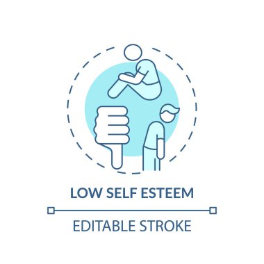 Düşük özsaygı konsepti ikonu. Erteleme etkisi fikri ince çizgi çizimi. Günlük eylemler için suçlu hissetmek. Özgüven eksikliği. Vektör izole edilmiş RGB renk çizimi. Düzenlenebilir vuruş