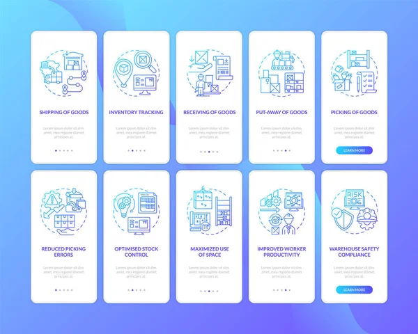 Gestione Magazzino Blu Scuro Onboarding Schermata Della Pagina Mobile App — Vettoriale Stock