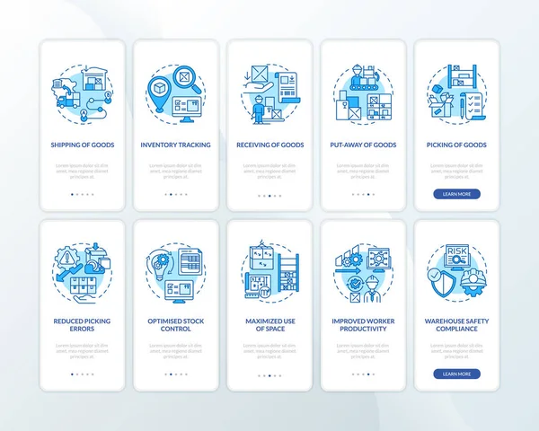 Управление Складом Синий Бортовой Экран Мобильного Приложения Набором Концепций Логика — стоковый вектор