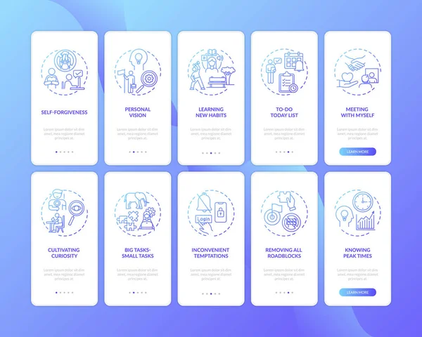 Superare Procrastinazione Onboarding Schermo Della Pagina App Mobile Con Concetti — Vettoriale Stock