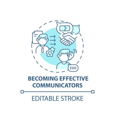 Etkileyici iletişim kurma konsepti ikonu haline geliyor. Medya okuma yazma öğeleri ince çizgi çizimi fikri. Uygun vücut dilini kullanarak. Vektör izole edilmiş RGB renk çizimi. Düzenlenebilir vuruş