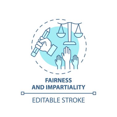 Adalet ve tarafsızlık konsepti ikonu. Gazetecilik etik standartları ince çizgi çizimi fikrini benimsiyor. Tutkusuz ve duygusuz tavırlar. Vektör izole edilmiş RGB renk çizimi. Düzenlenebilir vuruş