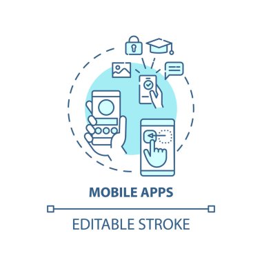 Mobil uygulamalar konsept simgesi. Yeni medya örneği ince çizgi çizimi. Yazılım programı. Hızlı ve kısa haberler. Vektör izole edilmiş RGB renk çizimi. Düzenlenebilir vuruş