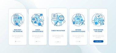 Mobil uygulama sayfası ekranında konseptlerle ilgili yanlış haber kontrolü ipuçları. Yazar ve linkler 5 adımda inceleniyor. RGB renk resimleriyle UI vektör şablonu