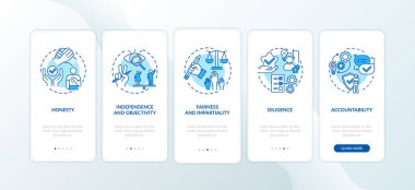 Mobil uygulama sayfası ekranında kavramlarla birlikte gazetecilik etiği kuralları. Dürüstlük, tarafsızlık, adillik 5 adımlık grafik talimatlar. RGB renk resimleriyle UI vektör şablonu