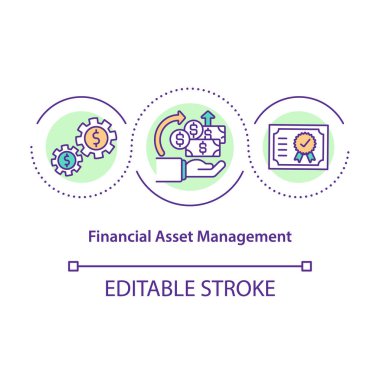 Finansal varlık yönetimi konsepti ikonu. Şirket gelirleri. İşletme şirketinin parası. Ticari servis fikri ince çizgi çizimi. Vektör izole edilmiş RGB renk çizimi. Düzenlenebilir vuruş