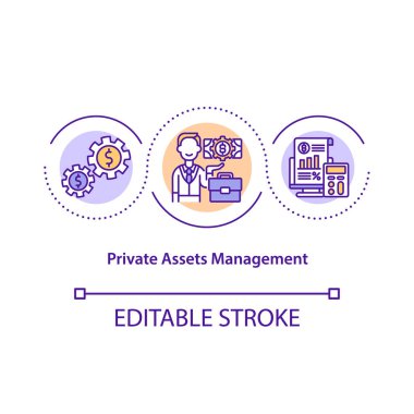 Özel varlık yönetimi konsepti simgesi. Finans yöneticiliği. Maliyet etkili sistem. Ticari servis fikri ince çizgi çizimi. Vektör izole edilmiş RGB renk çizimi. Düzenlenebilir vuruş