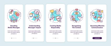 Mobil uygulama sayfası ekranında kavramlarla birlikte medya okuryazarlığı unsurları. Mesajların deşifre edilmesi, sorumluluk yürüyüşü 5 aşamalı grafik talimatlar. RGB renk resimleriyle UI vektör şablonu