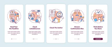 Mobil uygulama sayfası ekranında konseptlerle sahte haber kontrolü ipuçları. Yazar ve kaynaklar kontrol ediliyor. 5 adım grafik talimatları gözden geçiriliyor. RGB renk resimleriyle UI vektör şablonu