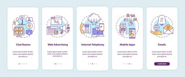 Mobil uygulama sayfasında kavramları olan yeni medya örnekleri. Sohbet odaları, internetteki telefon görüşmeleri 5 adım grafik talimatlar. RGB renk resimleriyle UI vektör şablonu