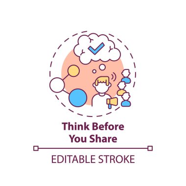 Konsept ikonunu paylaşmadan önce düşünmek. Sahte haber kontrol etme fikri ince çizgi çizimi. Kritik düşünce. Gerçeği sahtesinden ayırmak. Vektör izole edilmiş RGB renk çizimi. Düzenlenebilir vuruş