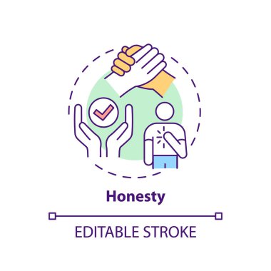 Dürüstlük konsepti ikonu. Gazetecilik etik standartları ince çizgi çizimi fikrini benimsiyor. Gerçeği aramak ve bunu bildirmek. Doğruluk ve doğruluk. Vektör izole edilmiş RGB renk çizimi. Düzenlenebilir vuruş