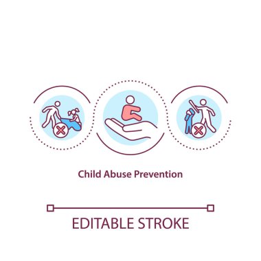 Çocuk istismarı önleme konsepti ikonu. Çocuk koruması. Çocukları zarardan ve şiddetten koru. Çocuk güvenliği fikri ince çizgi çizimi. Vektör izole edilmiş RGB renk çizimi. Düzenlenebilir vuruş
