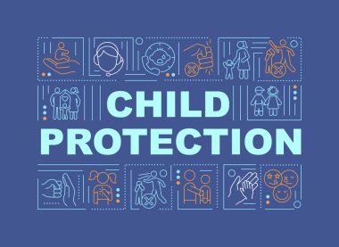 Child protection from abuse word concepts banner. Save kids from domestic violence. Infographics with linear icons on navy background. Isolated typography. Vector outline RGB color illustration clipart