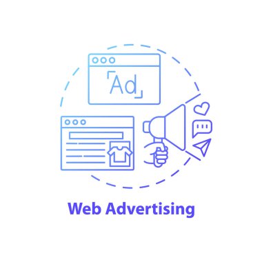 Web reklam konsepti ikonu. Yeni medya örneği ince çizgi çizimi. Online pazarlama kampanyası. Sosyal medya aktivitesi. Dijital reklamlar. Vektör izole edilmiş RGB renk çizimi