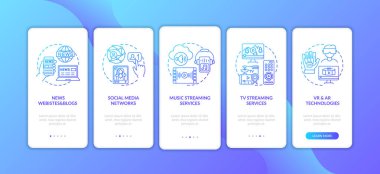 Konseptli mobil uygulama sayfası ekranında yeni medya çeşitliliği. Haberler, TV, müzik 5 adımlık grafiksel talimatlar. RGB renk resimleriyle UI vektör şablonu