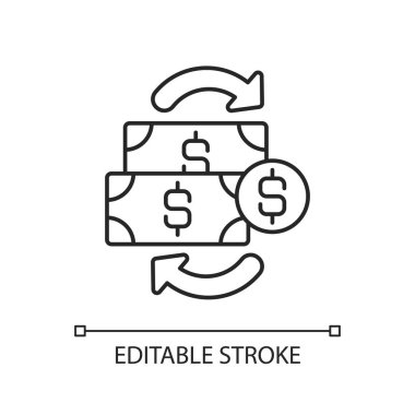 Finansal işlemler doğrusal simgesi. Para ödemesi karşılığında mal takas anlaşması. İnce çizgi özelleştirilebilir illüstrasyon. Contour sembolü. Vektör izole çizim. Düzenlenebilir vuruş