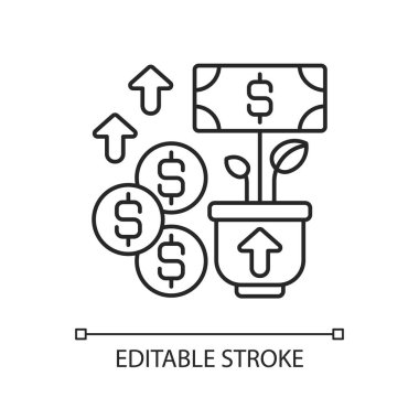 Gelir doğrusal simgesi. Varlığın faaliyetlerinden elde ettiği gelir ve net varlıktaki artış. İnce çizgi özelleştirilebilir illüstrasyon. Contour sembolü. Vektör izole çizim. Düzenlenebilir vuruş