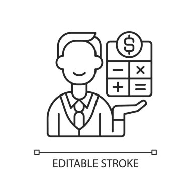 Muhasebeci doğrusal simgesi. Tüm ticari işlemleri kaydetmekten sorumlu kişi. İnce çizgi özelleştirilebilir illüstrasyon. Contour sembolü. Vektör izole çizim. Düzenlenebilir vuruş