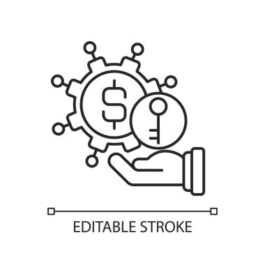 Anahtar finans işlevleri doğrusal simge. Başarılı bir iş modeli. Tedarikçi sorumluluğu üstlenir. İnce çizgi özelleştirilebilir illüstrasyon. Contour sembolü. Vektör izole çizim. Düzenlenebilir vuruş