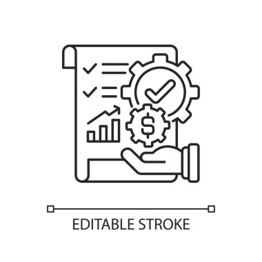Yönetim muhasebe doğrusal simgesi. İş operasyonları hakkında rapor hazırlama süreci. İnce çizgi özelleştirilebilir illüstrasyon. Contour sembolü. Vektör izole çizim. Düzenlenebilir vuruş