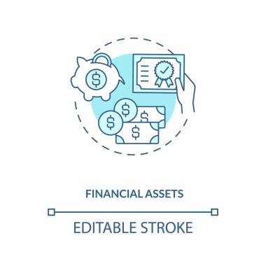 Mali varlıklar konsepti ikonu. Somut olmayan varlıklar ince çizgi çizimleri yazıyorlar. Nakit, hisse senedi, tahvil. Nakit akışı için sözleşmeli anlaşmalar. Vektör izole edilmiş RGB renk çizimi. Düzenlenebilir vuruş