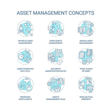 Varlık yönetimi konsept simgeleri ayarlandı. RGB renk çizelgelerini yöneten yatırımlar. Dijital ve fiziksel yönetim. Toplam mal varlığı sayısı. Vektör izole çizimler. Düzenlenebilir vuruş