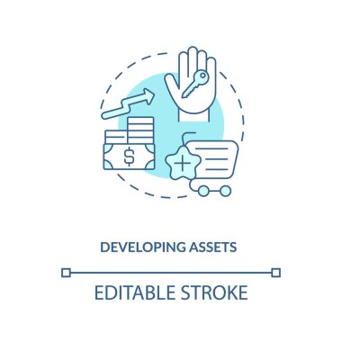 Mal varlığı konsepti ikonu geliştiriliyor. Varlık yönetimi fikri ince çizgi çizimi. Artan, değeri azalan. Finansal güvenlik. Vektör izole edilmiş RGB renk çizimi. Düzenlenebilir vuruş