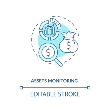Mal varlığı izleme konsepti simgesi. Varlık yönetimi fayda fikri ince çizgi çizimi. Uzaktan izleme ve kontrol. Performans değerlendirmesi. Vektör izole edilmiş RGB renk çizimi. Düzenlenebilir vuruş
