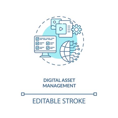 Dijital varlık yönetimi konsepti simgesi. Varlık yönetimi fikri ince çizgi çizimi. Kategoriler halinde gruplandırılıyor. Merkez konum. Vektör izole edilmiş RGB renk çizimi. Düzenlenebilir vuruş