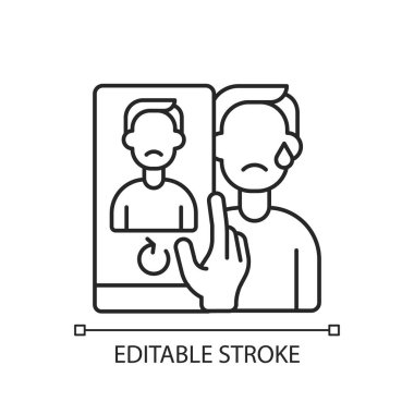 Doğrusal simge yerleştiriliyor. Kullanıcı hakkında özel bilgi yayınlamak. Siber zorbalık ve siber taciz. İnce çizgi özelleştirilebilir illüstrasyon. Contour sembolü. Vektör izole çizim. Düzenlenebilir vuruş