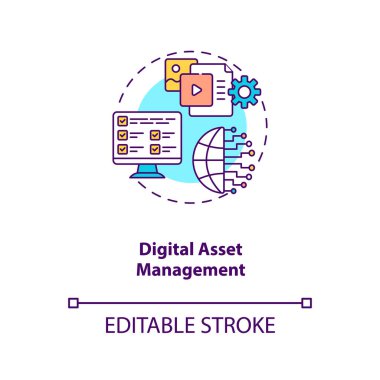 Dijital varlık yönetimi konsepti simgesi. Varlık yönetimi fikri ince çizgi çizimi. Sermaye depolama, paylaşma ve düzenleme. Vektör izole edilmiş RGB renk çizimi. Düzenlenebilir vuruş