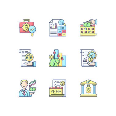Muhasebe RGB renk simgeleri ayarlandı. Finansal dönemde mali rapor hazırlıyorum. Şirketteki nakit akışını kontrol etmek. İzole vektör çizimleri